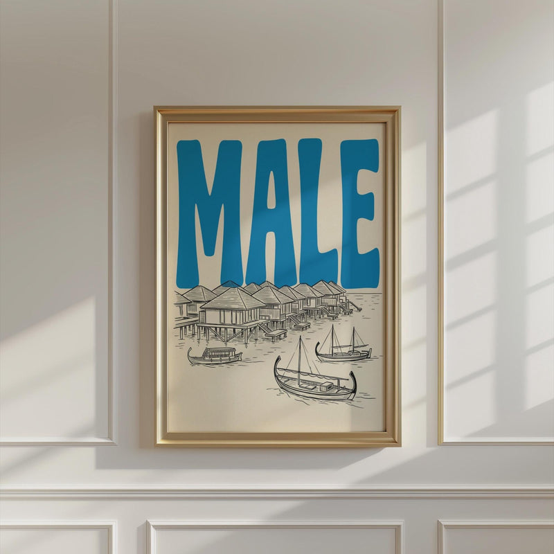 Malé Maldives Wall Minimalist Art, Framed Canvas Travel Print, Retro Line Art Decor