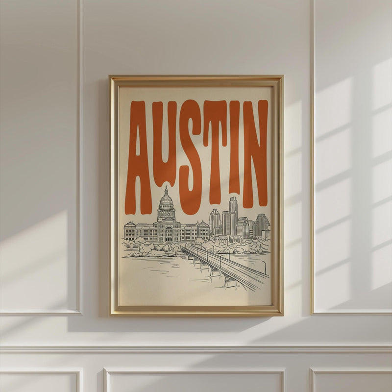 Austin Texas Skyline Wall Art, Framed Canvas Print, State Capitol Retro Decor