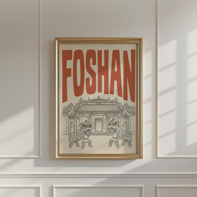 Foshan China Wall Minimalist Art, Framed Canvas, Lion Dance Retro Travel Print
