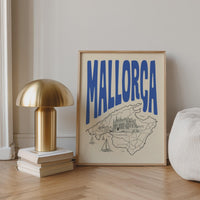 Mallorca Wall Art, Retro Travel Map Print, Framed Canvas