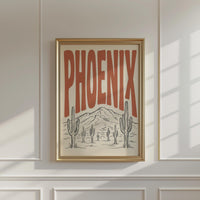 Phoenix Arizona Desert Wall Art, Framed Canvas Print, Retro Saguaro Cactus Decor