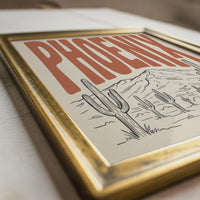 Phoenix Arizona Desert Wall Art, Framed Canvas Print, Retro Saguaro Cactus Decor