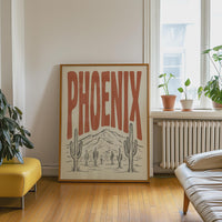 Phoenix Arizona Desert Wall Art, Framed Canvas Print, Retro Saguaro Cactus Decor