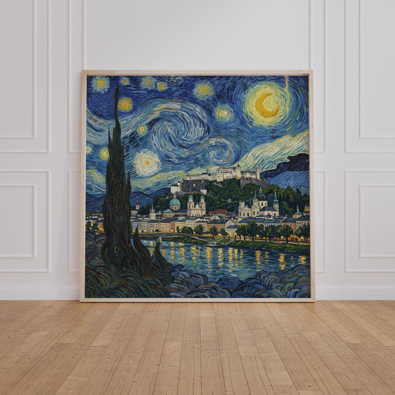 Salzburg Starry Night Wall Art, Van Gogh Style Framed Canvas, Austria City Print
