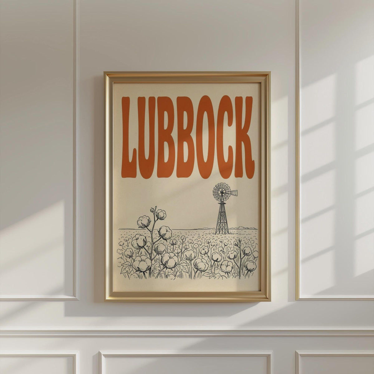 Lubbock Texas Wall Art, Framed Canvas Print, Rustic Cotton Field Decor