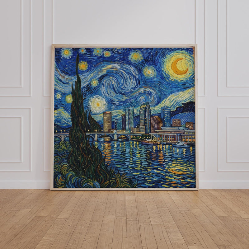 Tampa Skyline Wall Art, Van Gogh Starry Night Style Framed Canvas Print