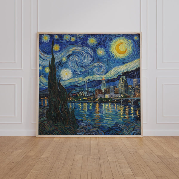 Raleigh Starry Night Wall Art, Van Gogh Style Framed Canvas, City Skyline Print