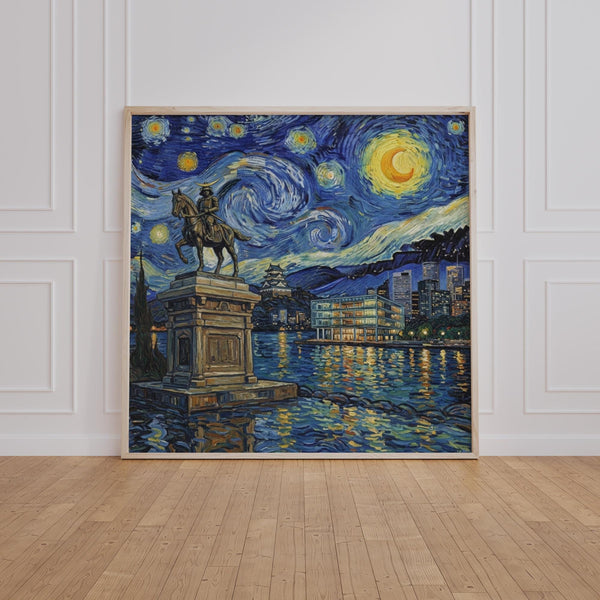 Sendai Japan Skyline Wall Art, Samurai Castle Starry Night Framed Canvas Print
