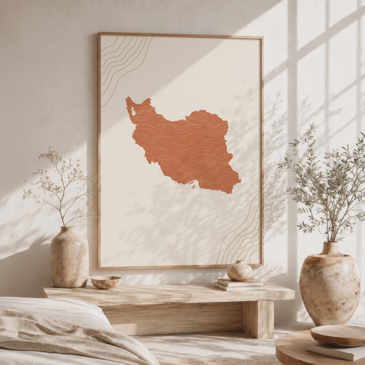 Iran Map Wall Art, Boho Minimalist Terracotta Topographic Mid Century Print, Framed Canvas Decor