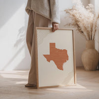 Texas Map Wall Art, Boho Minimalist Terracotta Topographic Mid Century Print, Framed Canvas Decor