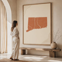 Connecticut Map Wall Art, Boho Minimalist Terracotta Topographic Mid Century Framed Canvas Print