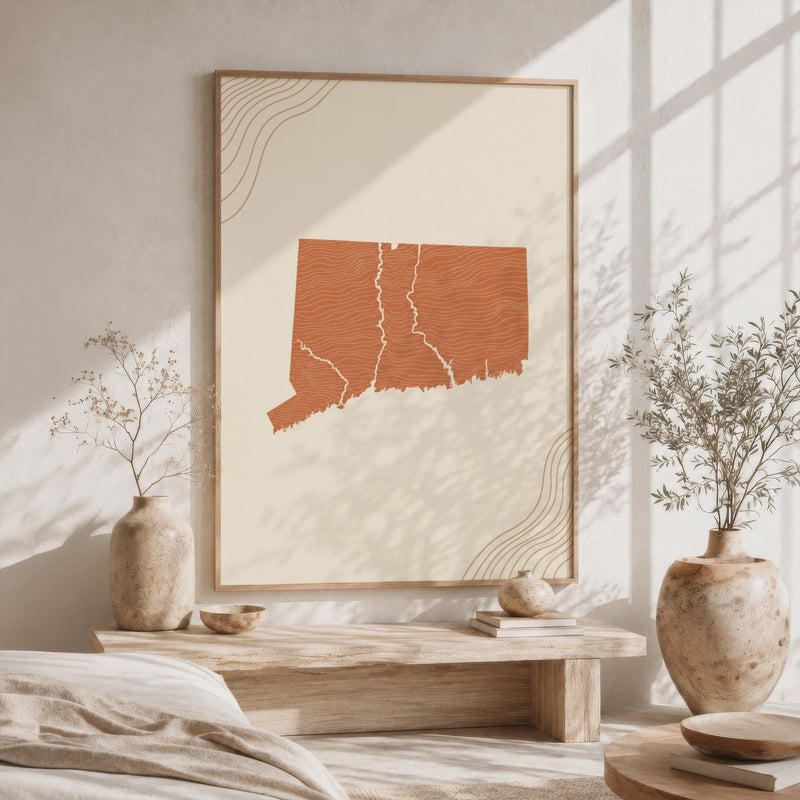 Connecticut Map Wall Art, Boho Minimalist Terracotta Topographic Mid Century Framed Canvas Print