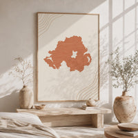Northern Ireland Map Wall Art, Boho Minimalist Terracotta Topographic Mid Century Framed Canvas Print