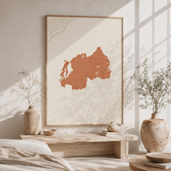 Rwanda Map Wall Art, Boho Minimalist Terracotta Topographic Mid Century Framed Canvas Print
