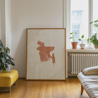 Bangladesh Map Wall Art, Boho Minimalist Terracotta Topographic Mid Century Print, Framed Canvas Decor
