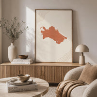 Turkmenistan Map Wall Art, Boho Minimalist Terracotta Topographic Mid Century Framed Canvas Print