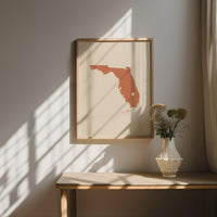 Florida Map Wall Art, Boho Minimalist Topographic Mid Century Framed Canvas, Terracotta State Print