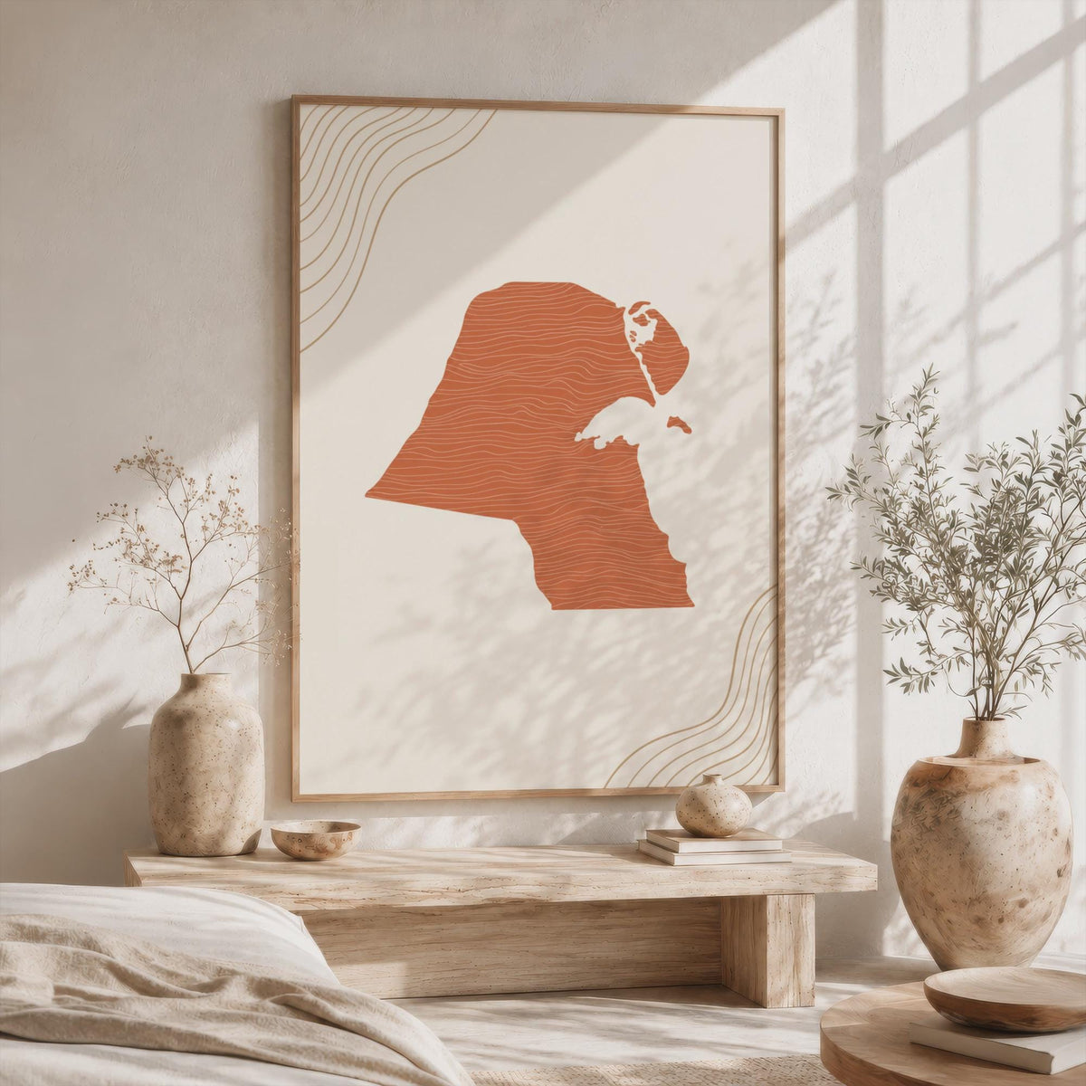 Kuwait Map Wall Art, Boho Minimalist Terracotta Topographic Mid Century Decor, Framed Canvas Print