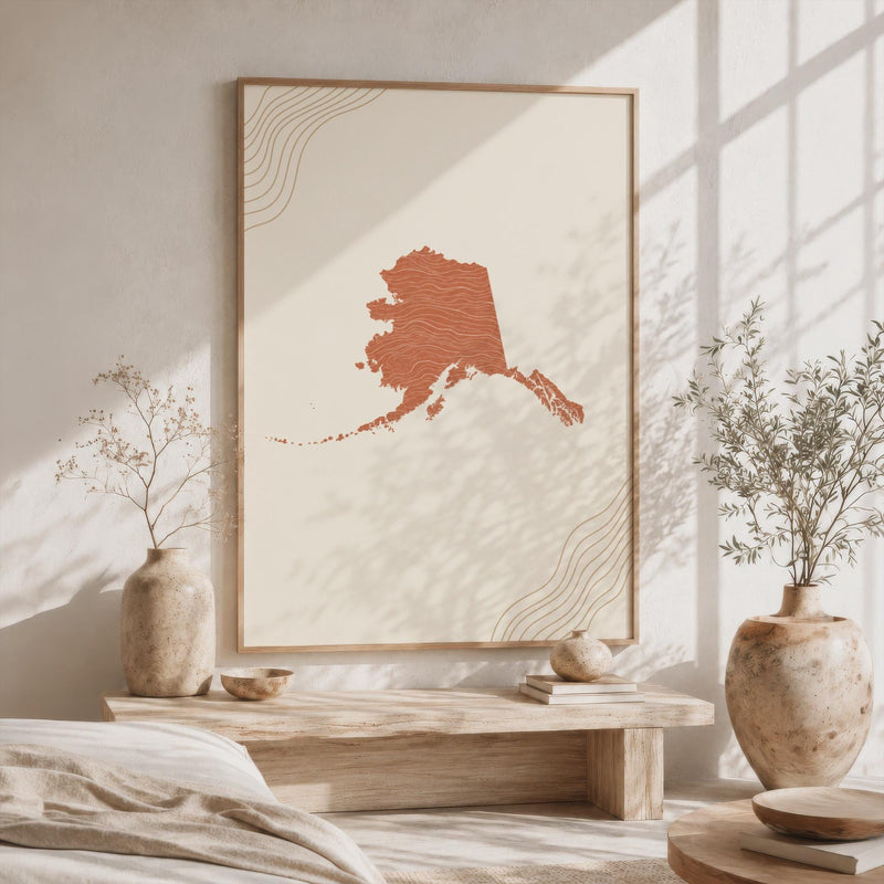 Alaska Map Wall Art, Boho Minimalist Terracotta Topographic Mid Century Framed Canvas Print