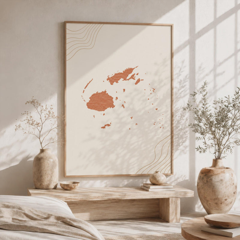Fiji Map Wall Art, Boho Minimalist Terracotta Topographic Mid Century Framed Canvas Print