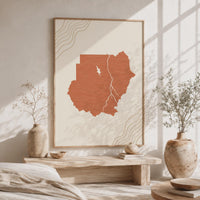 Sudan Map Wall Art, Boho Minimalist Terracotta Topographic Mid Century Print, Framed Canvas Decor