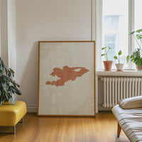 Kyrgyzstan Map Wall Art, Boho Minimalist Terracotta Topographic Mid Century Framed Canvas Print