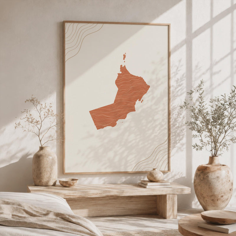 Oman Map Wall Art, Boho Minimalist Terracotta Topographic Mid Century Print, Framed Canvas Decor
