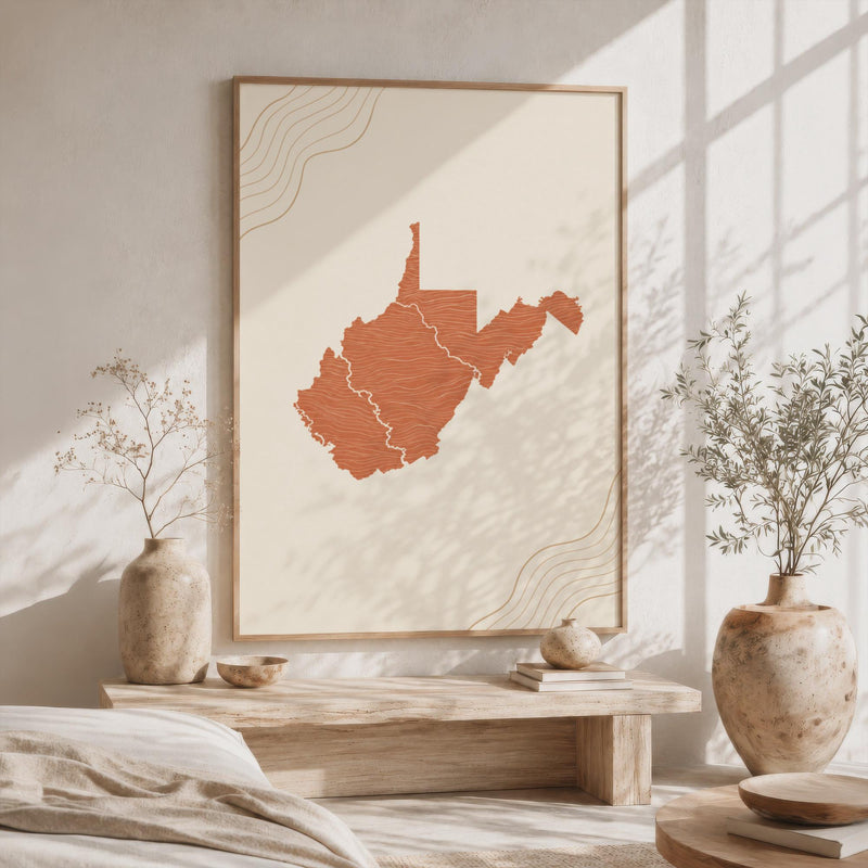 West Virginia Map Wall Art, Boho Minimalist Terracotta Topographic Mid Century Framed Canvas Print