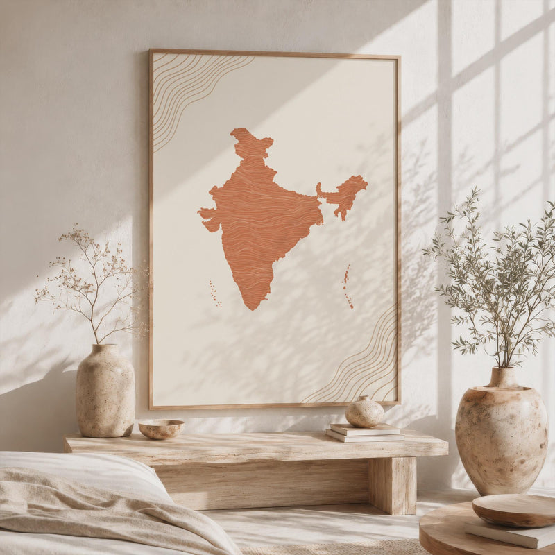 India Map Wall Art, Boho Minimalist Terracotta Topographic Mid Century Print, Framed Canvas Decor