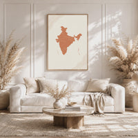 India Map Wall Art, Boho Minimalist Terracotta Topographic Mid Century Print, Framed Canvas Decor