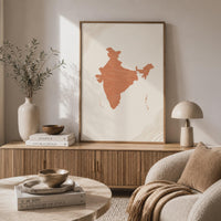India Map Wall Art, Boho Minimalist Terracotta Topographic Mid Century Print, Framed Canvas Decor