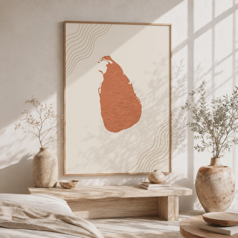 Sri Lanka Map Wall Art, Boho Minimalist Terracotta Topographic Mid Century Framed Canvas Print
