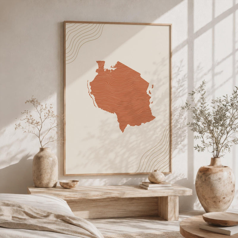 Tanzania Map Wall Art, Boho Minimalist Terracotta Topographic Mid Century Print, Framed Canvas Decor