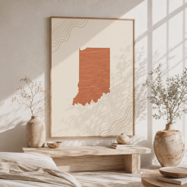 Indiana Map Wall Art, Boho Minimalist Terracotta Topographic Mid Century State Print, Framed Canvas