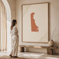 Delaware Map Wall Art, Boho Minimalist Terracotta Topographic Mid Century Decor, Framed Canvas Print