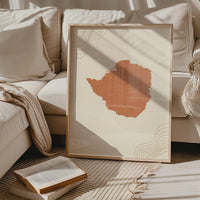Zimbabwe Map Wall Art, Boho Minimalist Terracotta Topographic Mid Century Print, Framed Canvas Decor