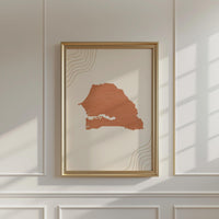 Senegal Map Wall Art, Boho Minimalist Terracotta Topographic Mid Century Decor, Framed Canvas Print