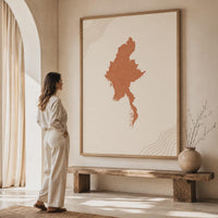 Myanmar Map Wall Art, Boho Minimalist Terracotta Topographic Mid Century Decor, Framed Canvas Print