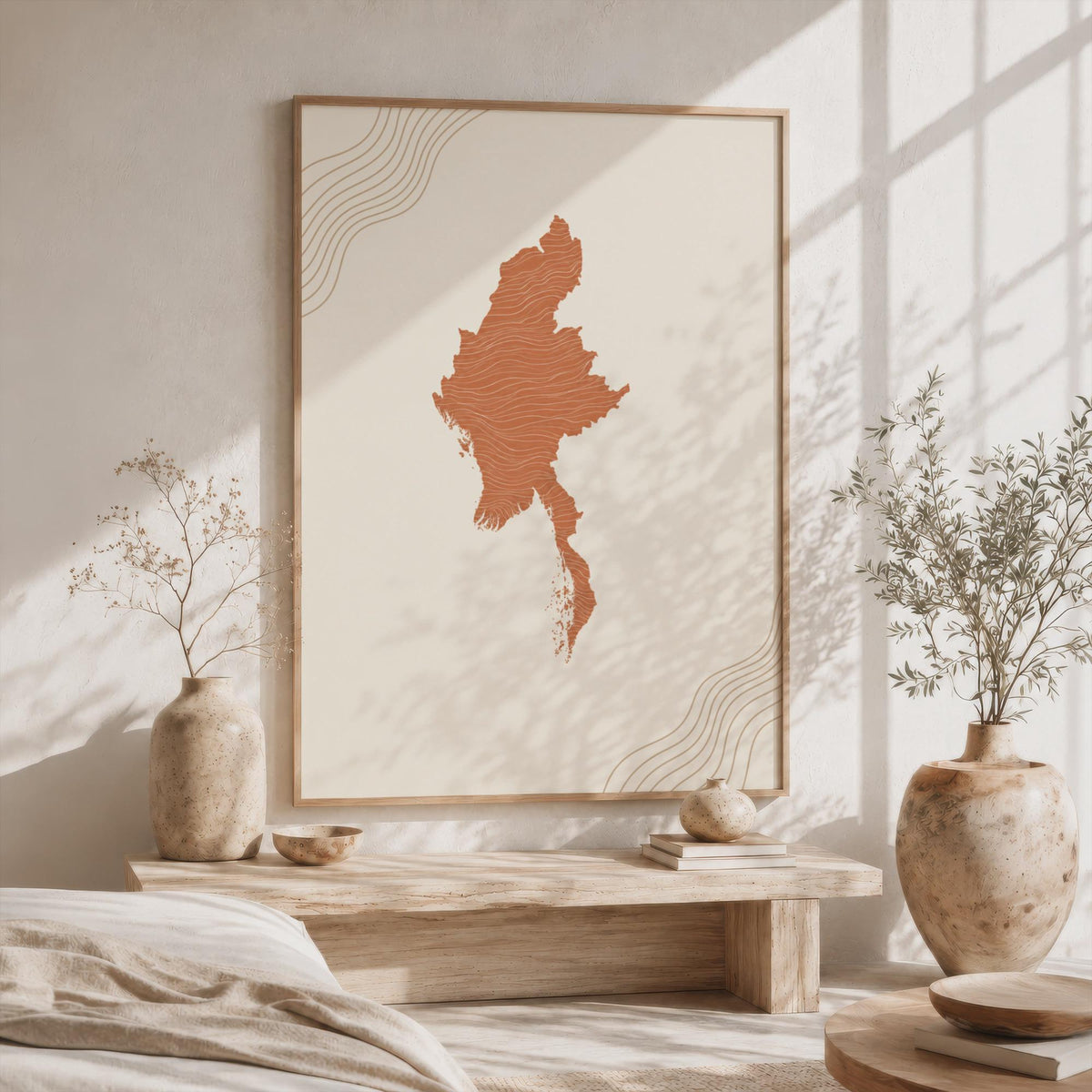 Myanmar Map Wall Art, Boho Minimalist Terracotta Topographic Mid Century Decor, Framed Canvas Print