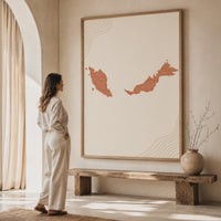 Malaysia Map Wall Art, Boho Minimalist Terracotta Topographic Mid Century Framed Canvas Print
