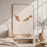 Malaysia Map Wall Art, Boho Minimalist Terracotta Topographic Mid Century Framed Canvas Print
