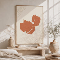 Zambia Map Wall Art, Boho Minimalist Terracotta Topographic Mid Century Decor, Framed Canvas Print