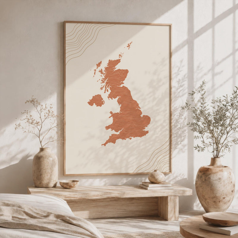 UK Map Wall Art, Boho Minimalist Topographic Mid Century Framed Canvas, Terracotta Britain Decor