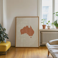 Australia Map Wall Art, Boho Minimalist Terracotta Topographic Mid Century Print, Framed Canvas Decor