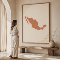 Mexico Map Wall Art, Boho Minimalist Terracotta Topographic Mid Century Print, Framed Canvas Decor