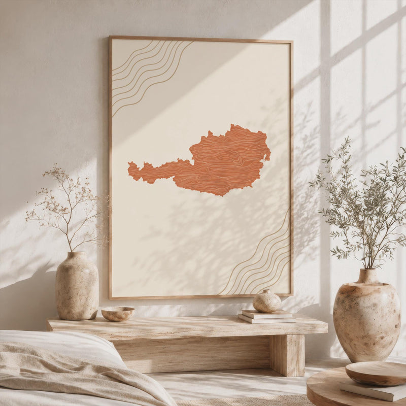 Austria Map Wall Art, Boho Minimalist Terracotta Topographic Mid Century Decor, Framed Canvas Print