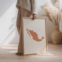 Mexico Map Wall Art, Boho Minimalist Terracotta Topographic Mid Century Print, Framed Canvas Decor