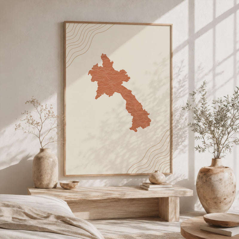 Laos Map Wall Art, Mid Century Boho Minimalist Terracotta Topographic Framed Canvas Print