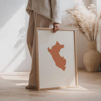 Peru Map Wall Art, Boho Minimalist Terracotta Topographic Mid Century Print, Framed Canvas Decor
