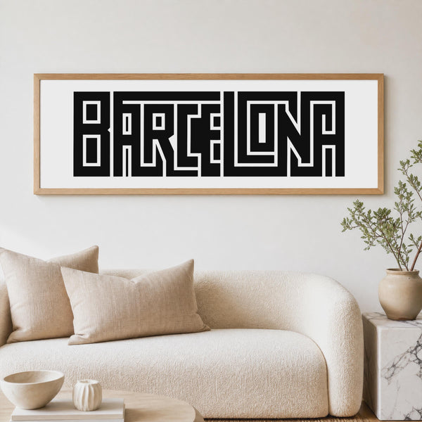 Barcelona Wall Art, Panoramic Minimalist Typography Print, Bold City Decor